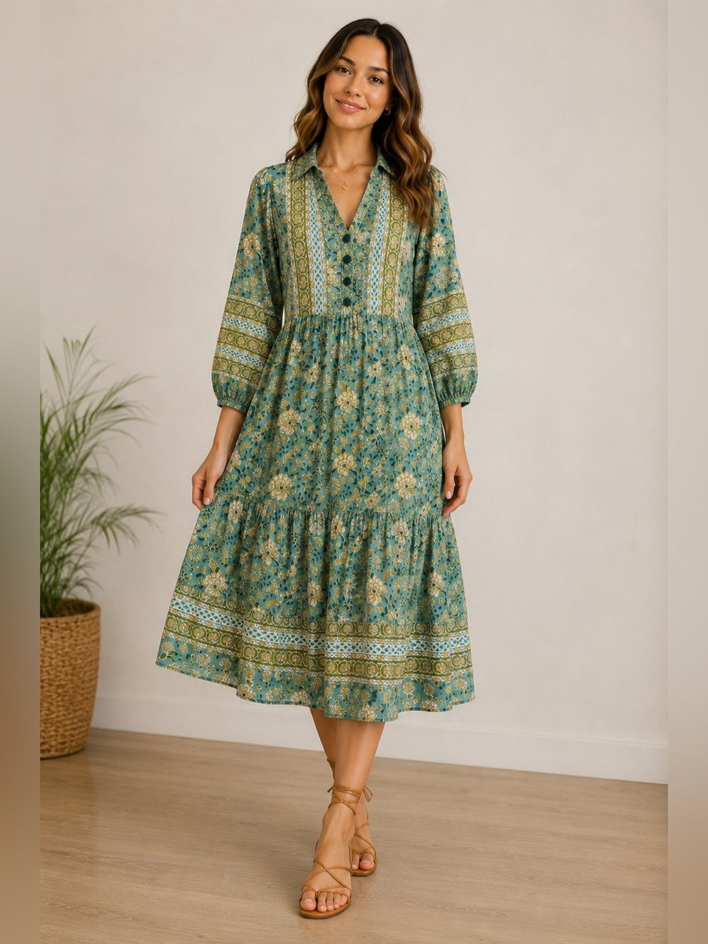 🌿 Fox & Hen XS Blue Floral Boho Midi Dress Cottagecore Resort Chic 🌿